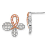 Sterling Silver Stud Earrings with Clear and Pink Cubic Zirconia, Ribbon and Petal Design