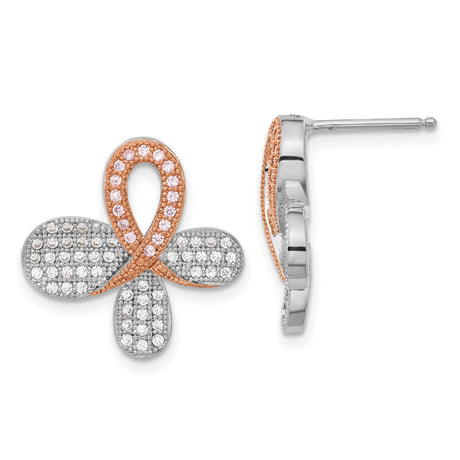 Sterling Silver Stud Earrings with Clear and Pink Cubic Zirconia, Ribbon and Petal Design