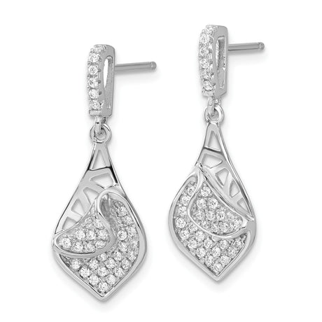 Sterling Silver Dangle Earrings with Cubic Zirconia, Abstract Leaf Drop Design, Modern Style