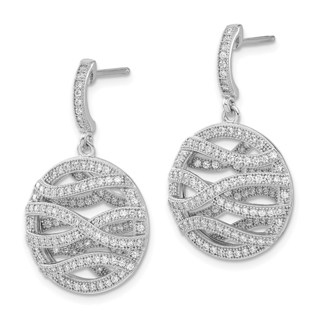 Sterling Silver Dangle Earrings with Cubic Zirconia, Swirl Motif and Wave Filigree Design