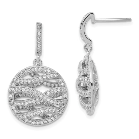 Sterling Silver Dangle Earrings with Cubic Zirconia, Swirl Motif and Wave Filigree Design