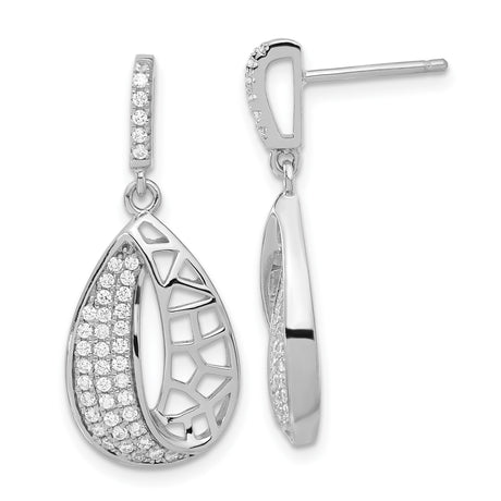 Sterling Silver Teardrop Dangle Earrings with Cubic Zirconia and Geometric Cutout Design