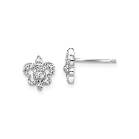 Sterling Silver Stud Earrings with Fleur de Lis Design Featuring Clear Cubic Zirconia, Symbolic Floral Motif for Women, Classic French Style, Elegant Daily Wear, Vintage Inspired Silver Jewelry