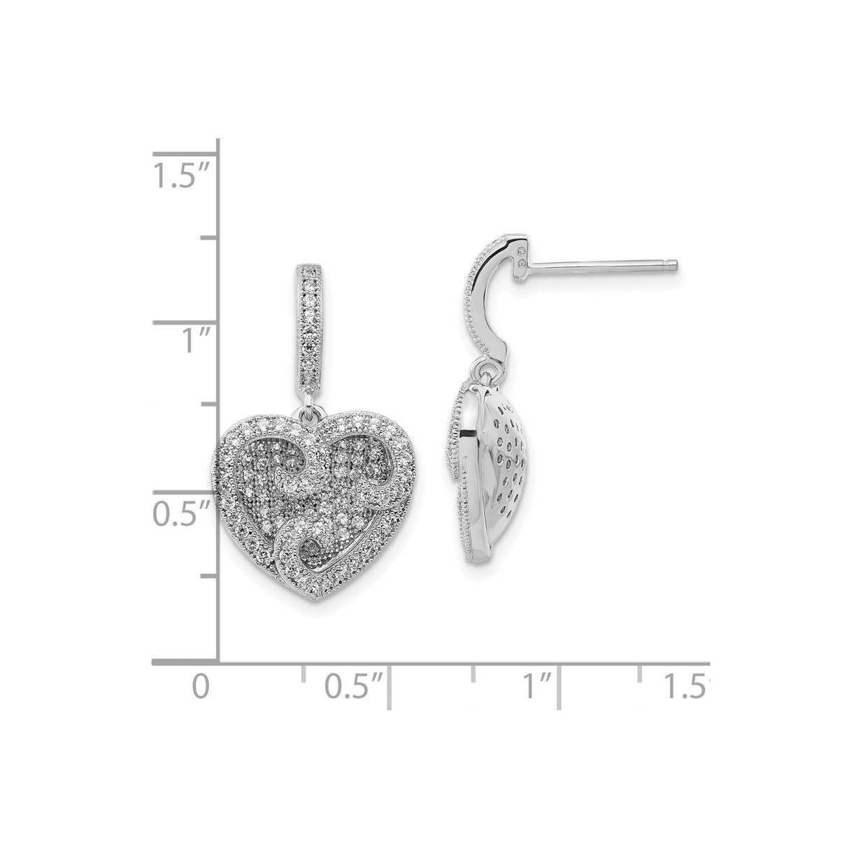 Sterling Silver Heart Dangle Earrings with Cubic Zirconia and Swirl Filigree Design