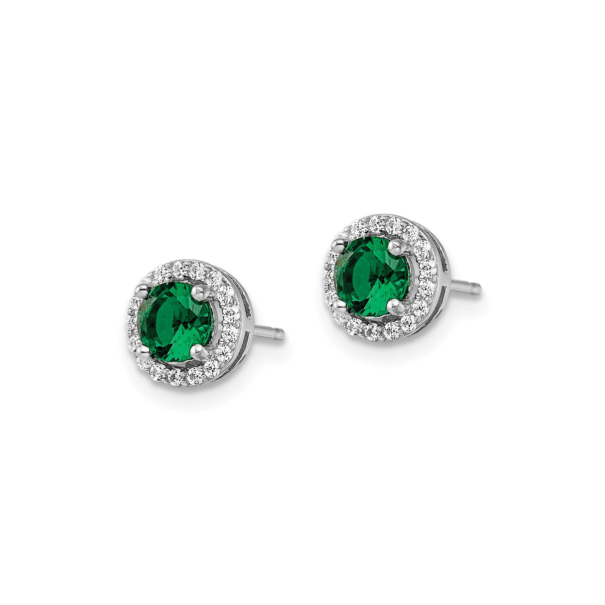 Sterling Silver Halo Stud Earrings with Round Green Gemstone and Cubic Zirconia Accents