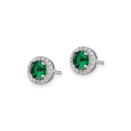 Sterling Silver Halo Stud Earrings with Round Green Gemstone and Cubic Zirconia Accents