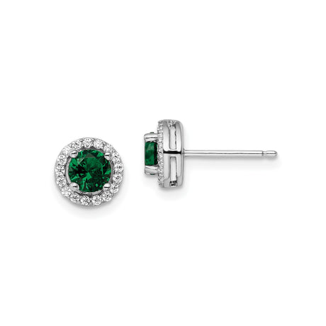 Sterling Silver Halo Stud Earrings with Round Green Gemstone and Cubic Zirconia Accents