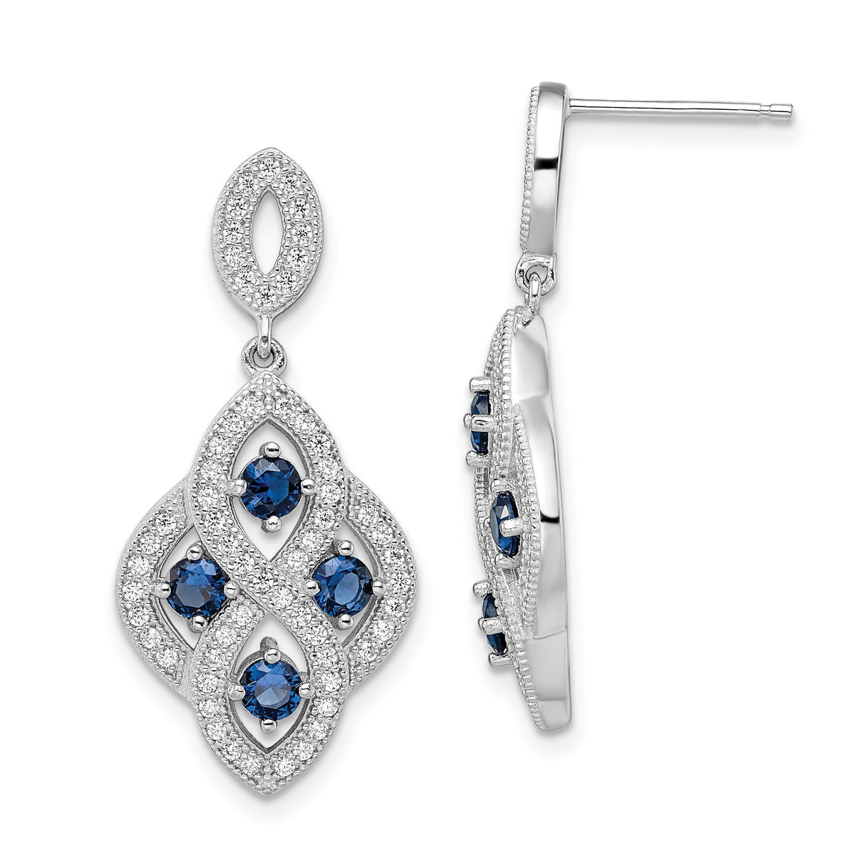 Sterling Silver Dangle Earrings with Blue Cubic Zirconia, Marquise Loops, Interwoven Design