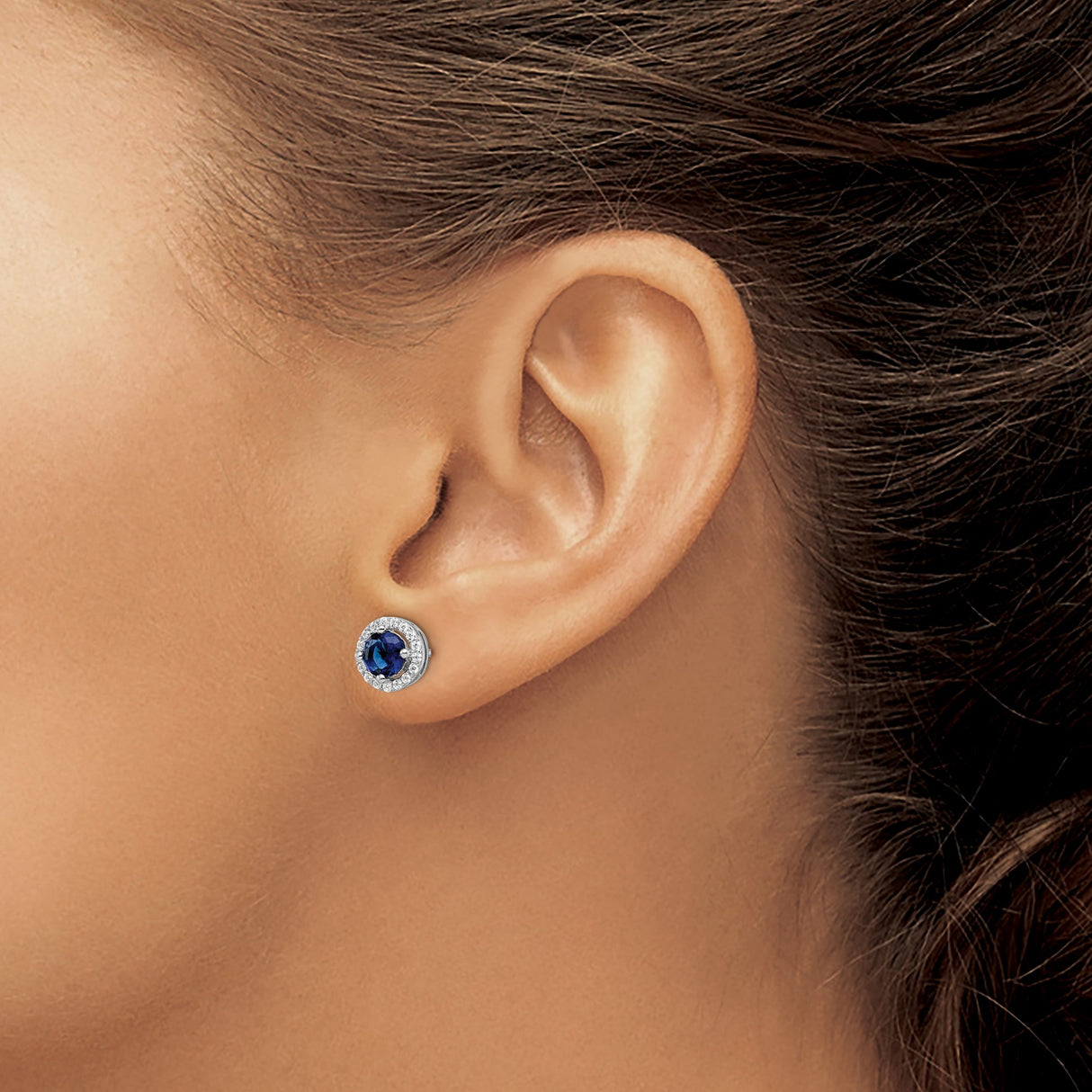 Sterling Silver Stud Earrings with Round Blue Gemstone and Cubic Zirconia Halo