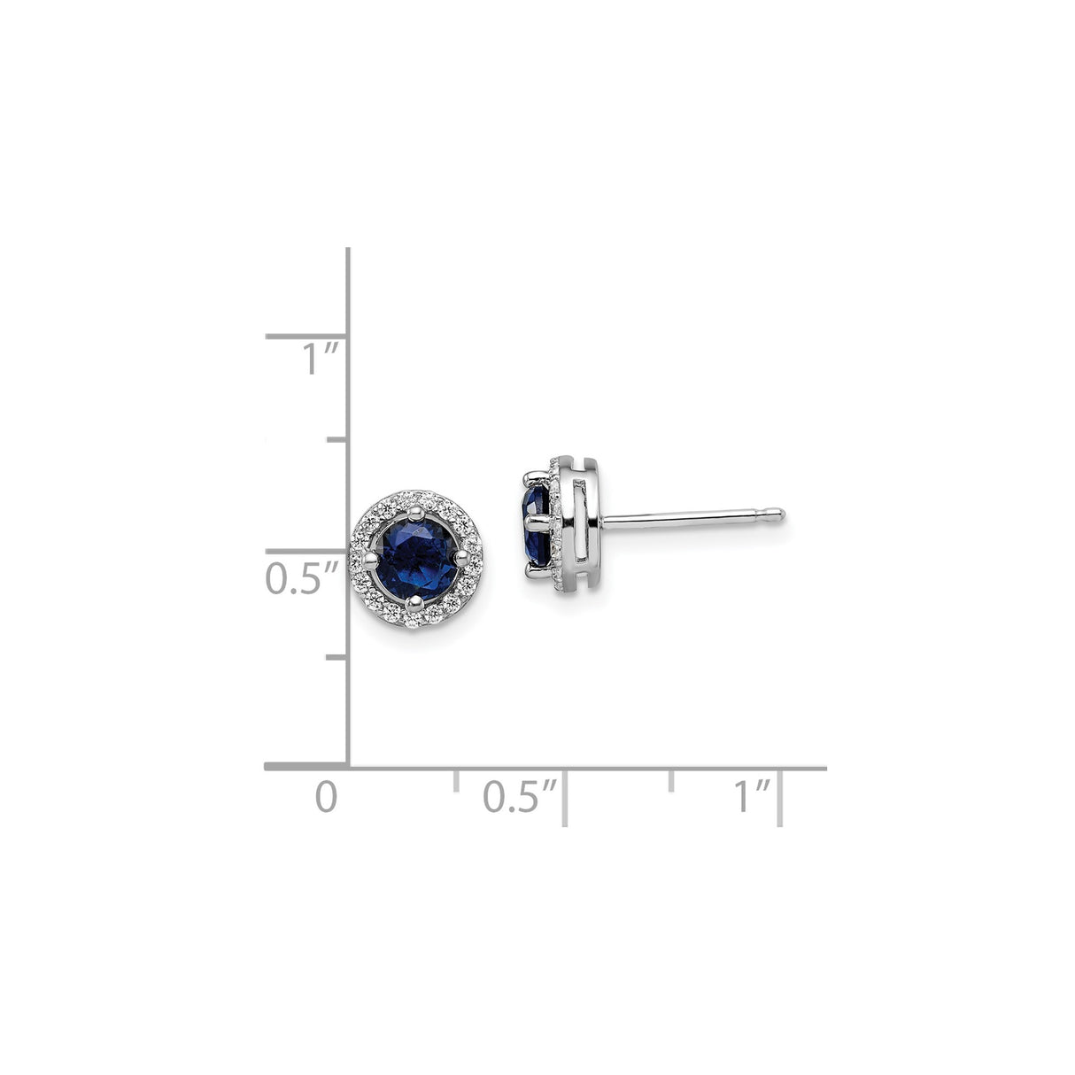 Sterling Silver Stud Earrings with Round Blue Gemstone and Cubic Zirconia Halo