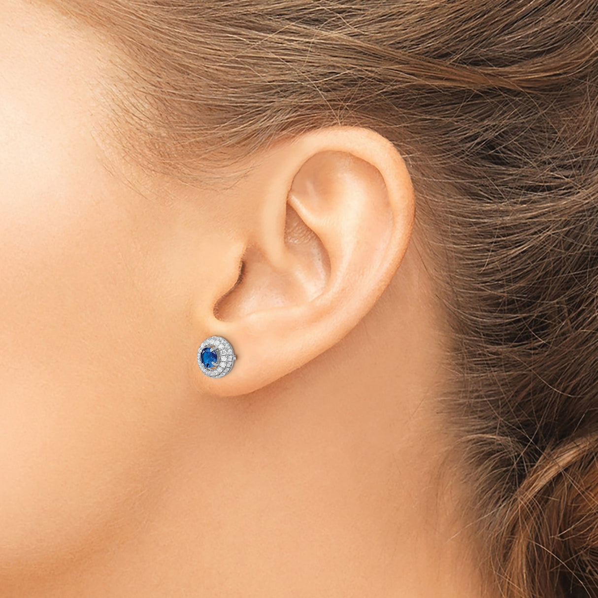 Sterling Silver Stud Earrings with Round Blue Cubic Zirconia and Halo Accents