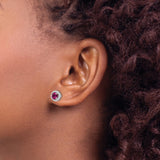 Sterling Silver Stud Earrings with Round Corundum and Cubic Zirconia Halo