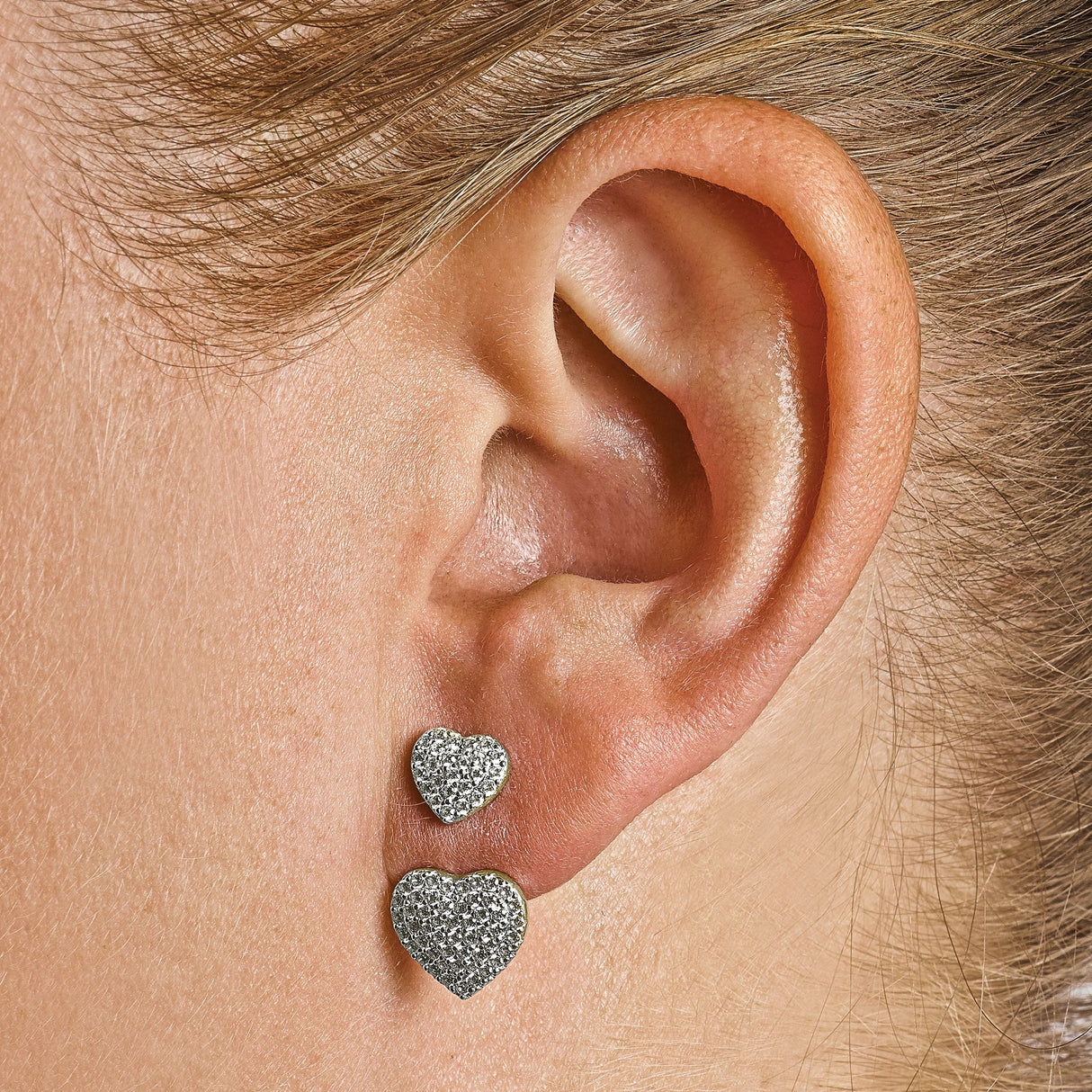 Sterling Silver Double Heart Stud Earrings with Cubic Zirconia Pavé Design for Women