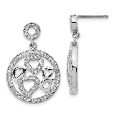 Sterling Silver Dangle Earrings with Cubic Zirconia, Open Heart and Teardrop Design