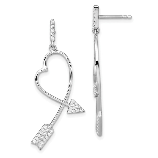 Sterling Silver Dangle Earrings with Cubic Zirconia, Arrow Heart Design for Women