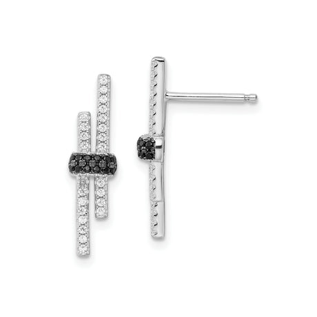 Sterling Silver Stud Earrings with Cubic Zirconia and Black Spinel, Geometric Bar Design