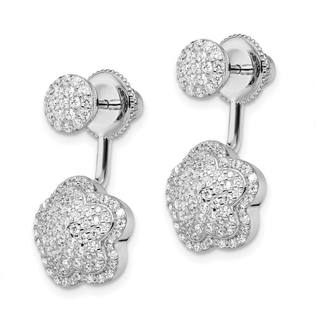 Sterling Silver Stud Earrings with Cubic Zirconia, Floral Layered Design, Convertible Drop Style