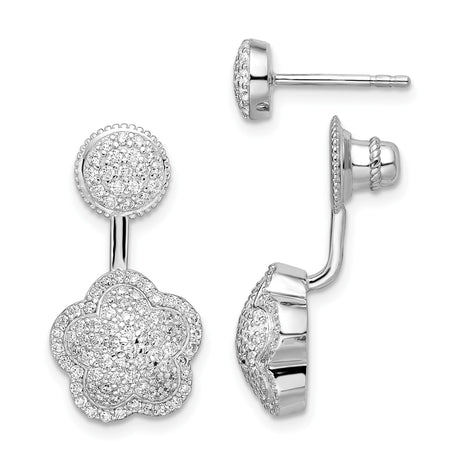 Sterling Silver Stud Earrings with Cubic Zirconia, Floral Layered Design, Convertible Drop Style