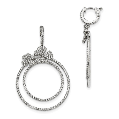 Sterling Silver Dangle Earrings with Cubic Zirconia, Double Open Hoops and Floral Clover Design