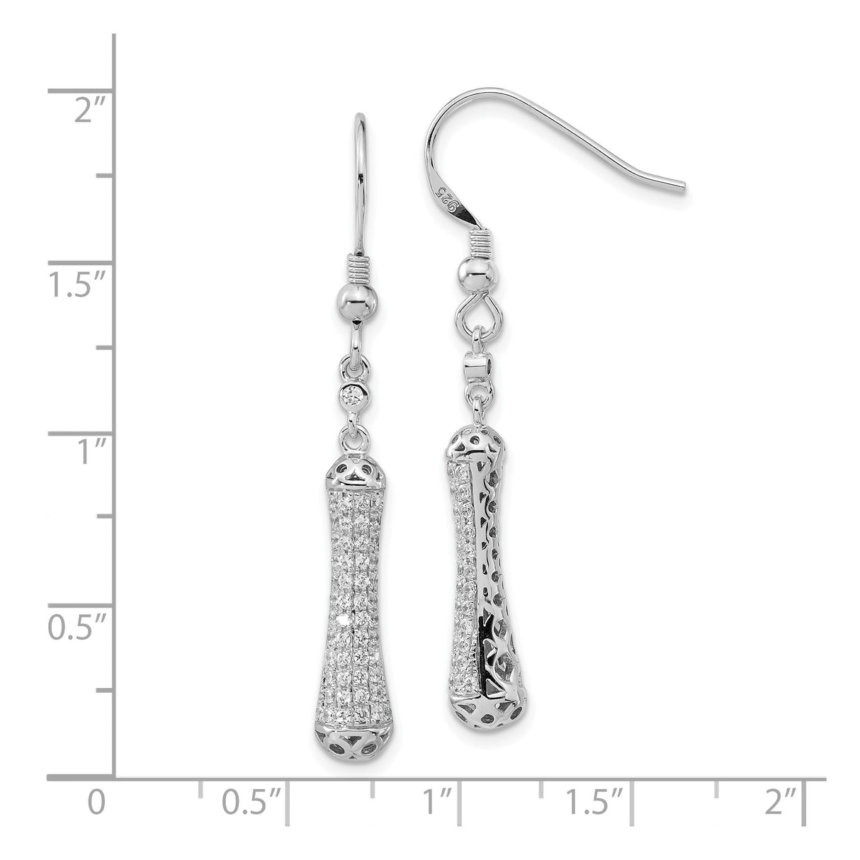 Sterling Silver Dangle Earrings with Cubic Zirconia, Tapered Bar and Filigree Design