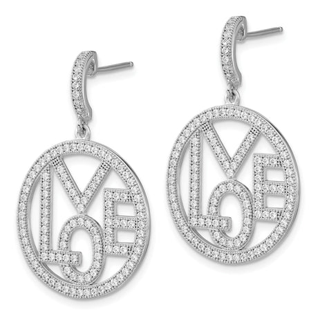 Sterling Silver Dangle Earrings with Cubic Zirconia, Circular LOVE Script Design