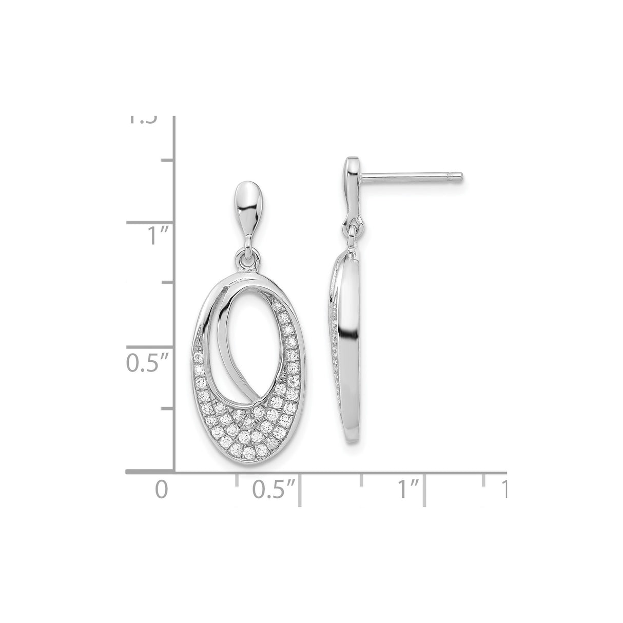 Sterling Silver Drop Earrings with Cubic Zirconia, Open Loop Oval Design, Lightweight Dangle Style