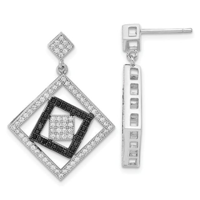 Sterling Silver Geometric Dangle Earrings with Cubic Zirconia Accents, Modern Layered Design