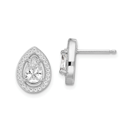 Sterling Silver Teardrop Stud Earrings for Women with Pear Shaped Cubic Zirconia Center and Halo Setting, Elegant Bridal or Formal Silver Earrings, Classic Sparkly Studs for Everyday Wear