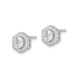 Sterling Silver Hexagon Stud Earrings with Round Cubic Zirconia Center and Halo Accent