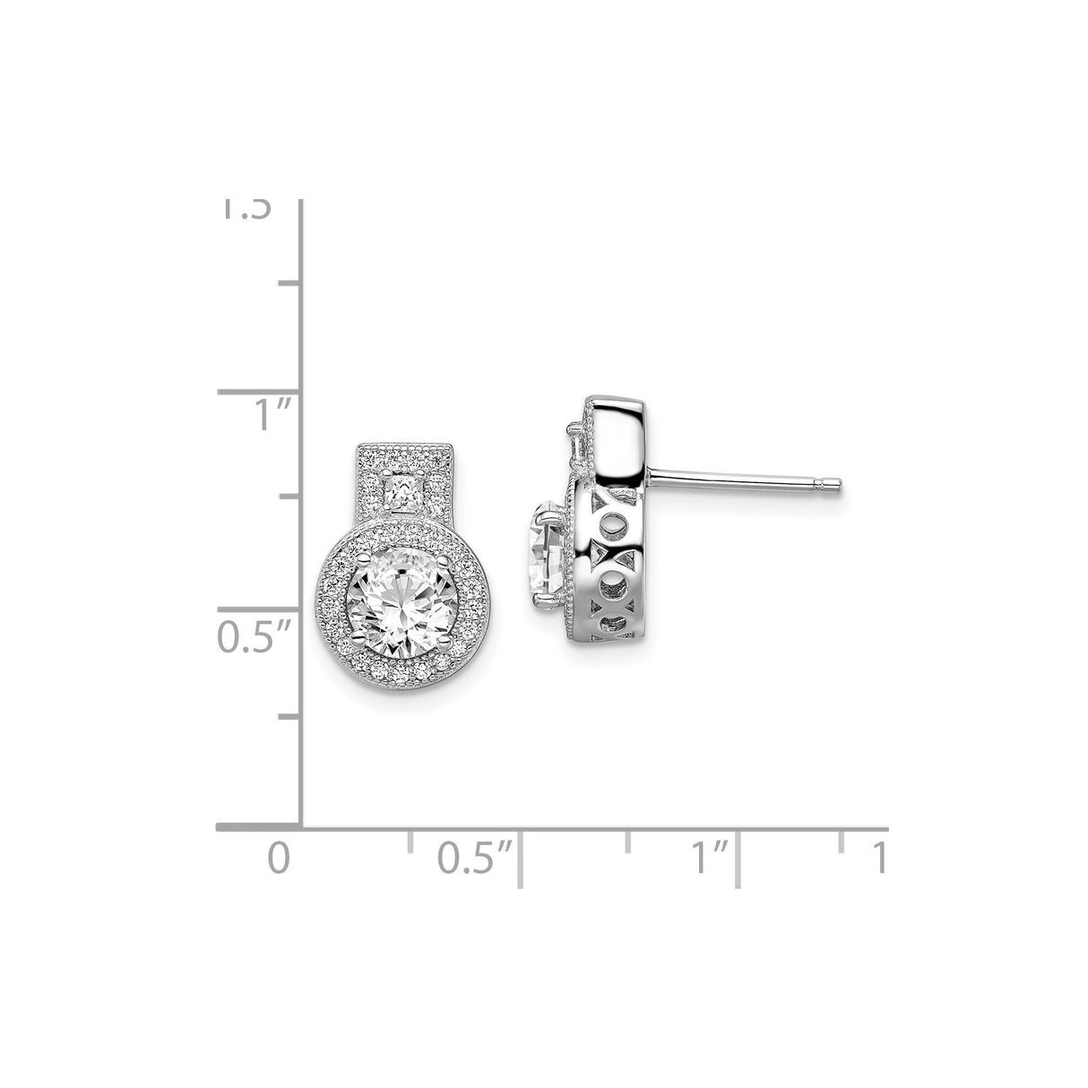 Sterling Silver Stud Earrings with Round Cubic Zirconia, Halo Setting, Geometric Design