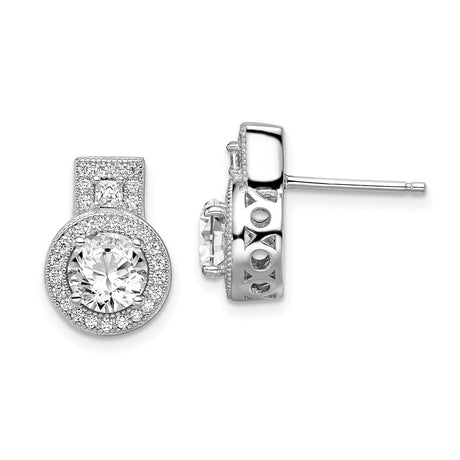 Sterling Silver Stud Earrings with Round Cubic Zirconia, Halo Setting, Geometric Design