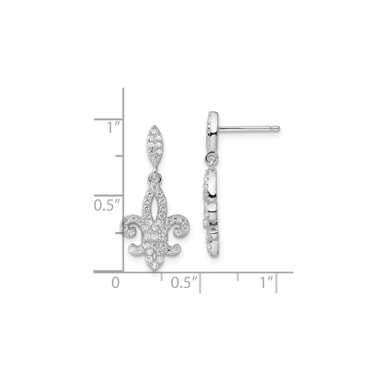 Sterling Silver Dangle Earrings with Cubic Zirconia Fleur de Lis Design for Women