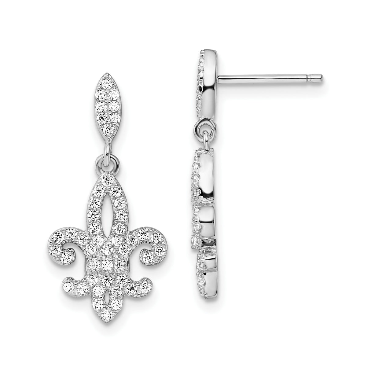 Sterling Silver Dangle Earrings with Cubic Zirconia Fleur de Lis Design for Women