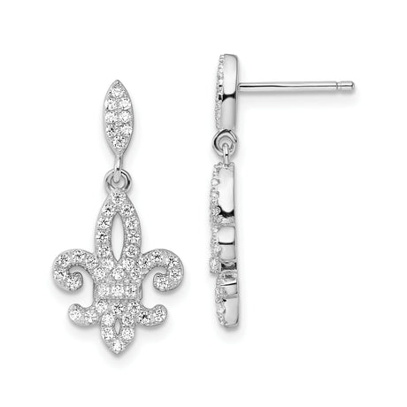 Sterling Silver Dangle Earrings with Cubic Zirconia Fleur de Lis Design for Women