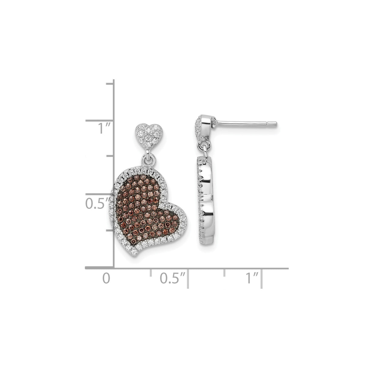 Sterling Silver Heart Drop Earrings with Brown and White Cubic Zirconia, Double Heart Design