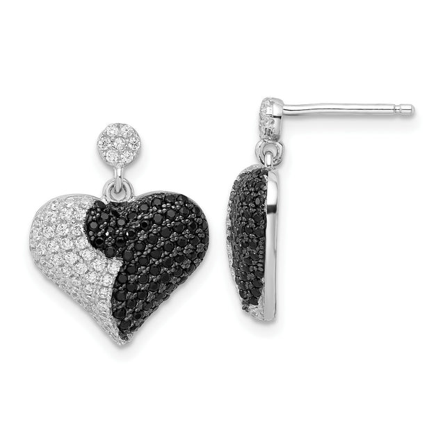 Sterling Silver Heart Drop Earrings with Cubic Zirconia, Yin Yang Design