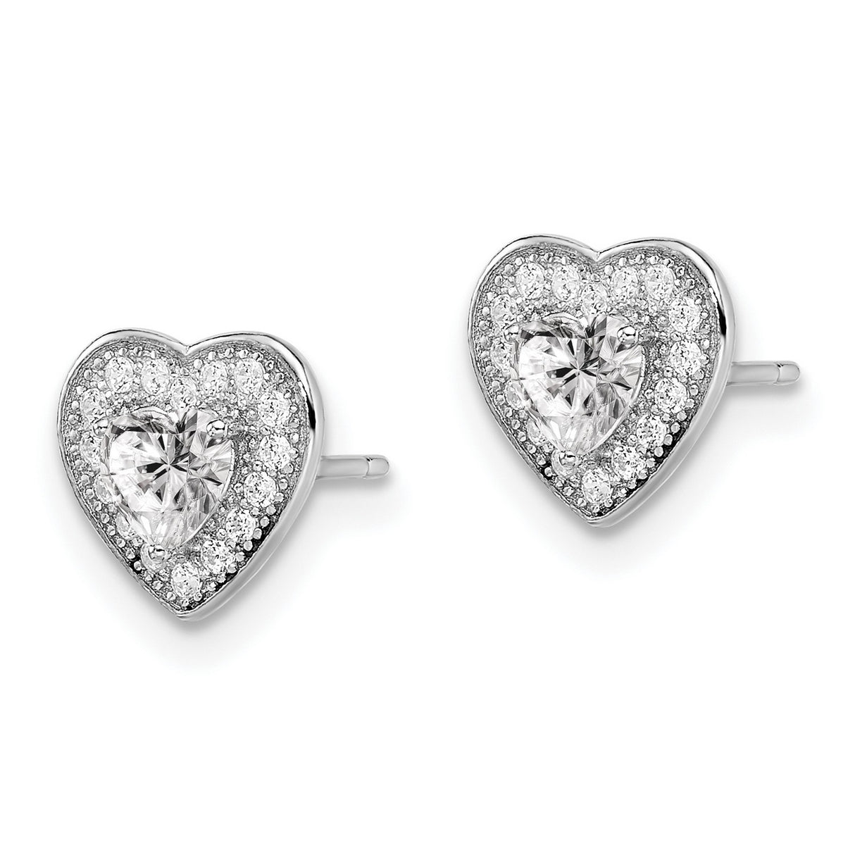 Sterling Silver Heart Stud Earrings with Cubic Zirconia and Halo Design