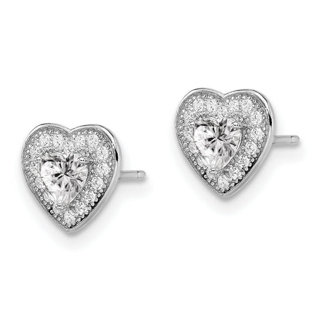 Sterling Silver Heart Stud Earrings with Cubic Zirconia and Halo Design