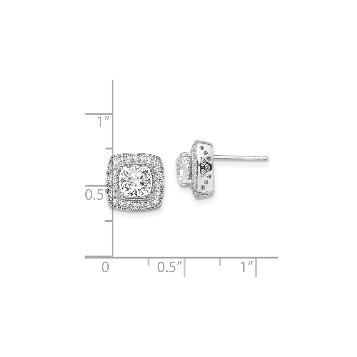 Sterling Silver Cushion Cut Stud Earrings with Clear Cubic Zirconia and Double Pavé Halo