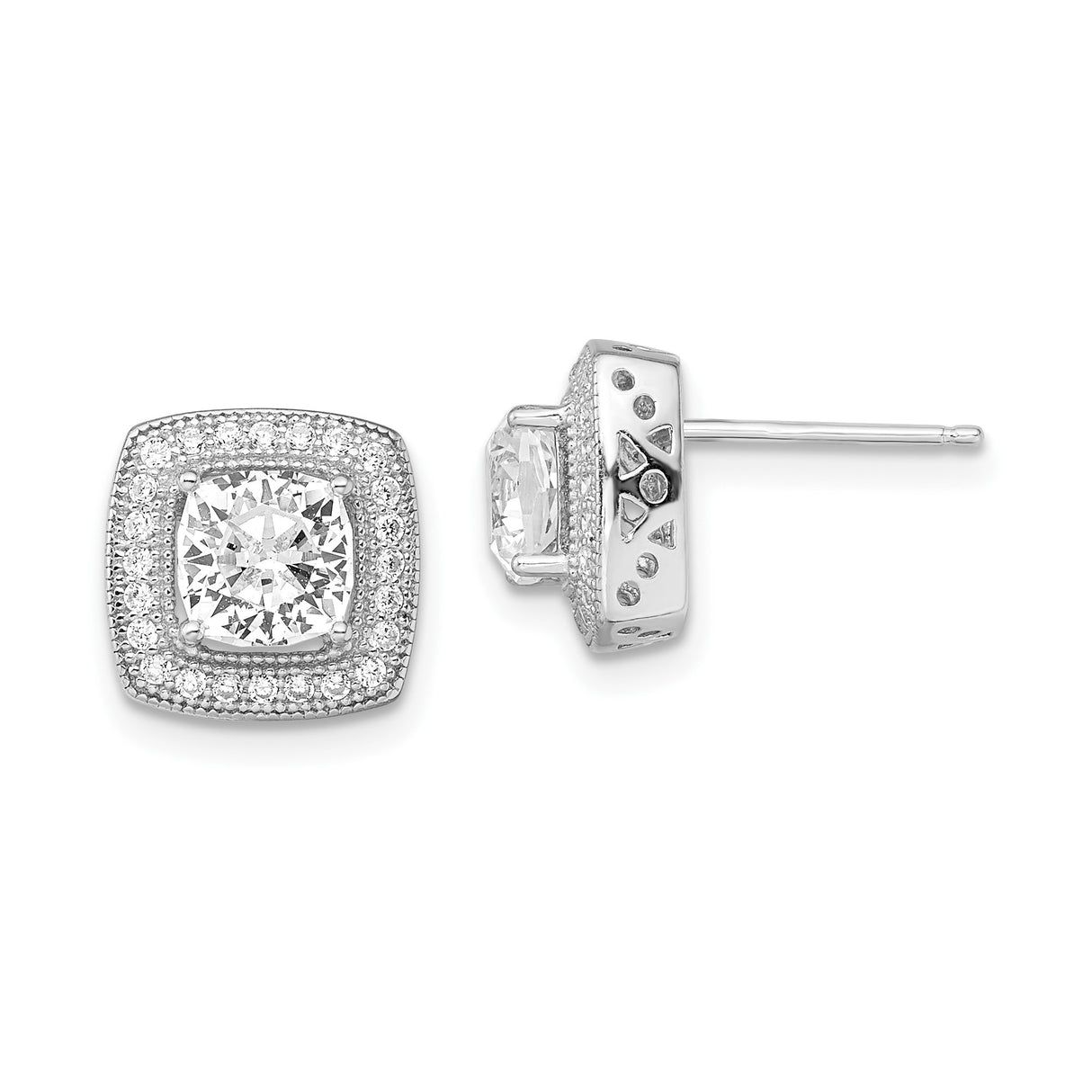 Sterling Silver Cushion Cut Stud Earrings with Clear Cubic Zirconia and Double Pavé Halo