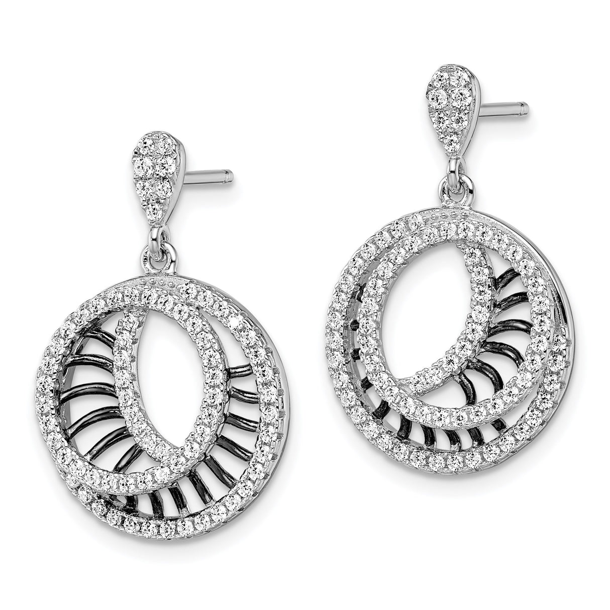 Sterling Silver Dangle Earrings with Cubic Zirconia, Interlocking Circles, Geometric Drop Design