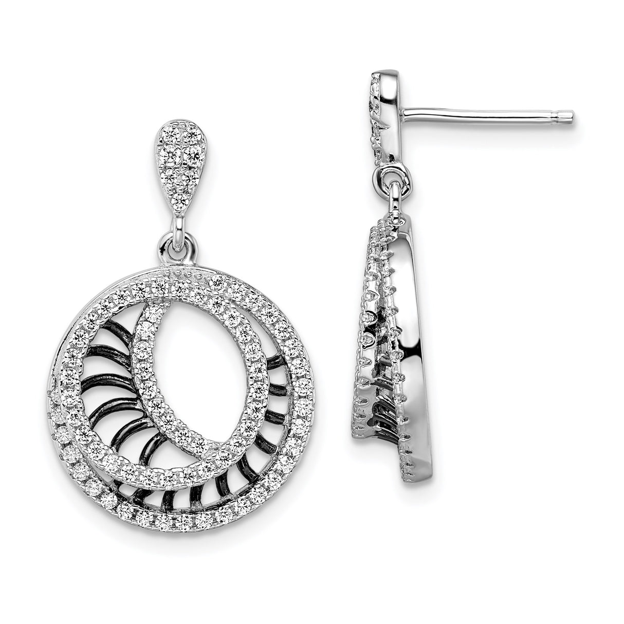 Sterling Silver Dangle Earrings with Cubic Zirconia, Interlocking Circles, Geometric Drop Design