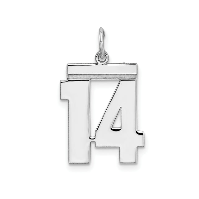 Sterling Silver Number 14 Pendant, Bold Block Style, High-Polish Finish, Unisex Sports Charm