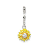 Sterling Silver Sunflower Pendant with Cubic Zirconia and Yellow Enamel Flower Charm