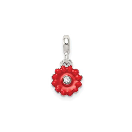 Sterling Silver Flower Pendant with Cubic Zirconia and Red Enamel Floral Design