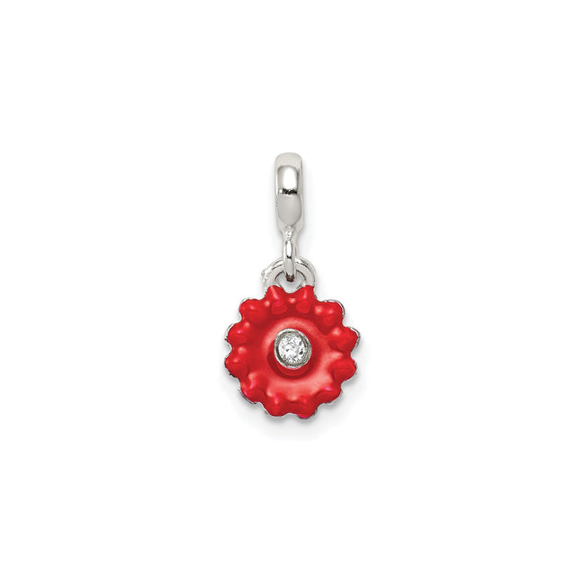 Sterling Silver Flower Pendant with Cubic Zirconia and Red Enamel Floral Design