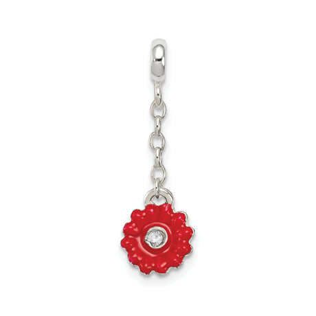 Sterling Silver Flower Dangle Charm with Cubic Zirconia, Red Enamel, Floral Jewelry Design