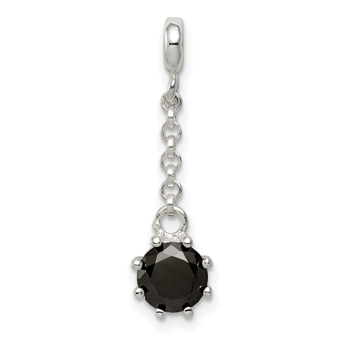 Sterling Silver Dangle Charm with Black Cubic Zirconia, Minimalist Modern Design