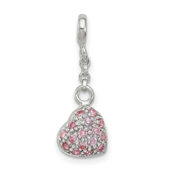 Sterling Silver Heart Charm with Pink Cubic Zirconia, Romantic Dangle Pendant for Women