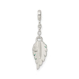 Sterling Silver Leaf Dangle Charm with Green Enamel, Botanical Nature-Inspired Design